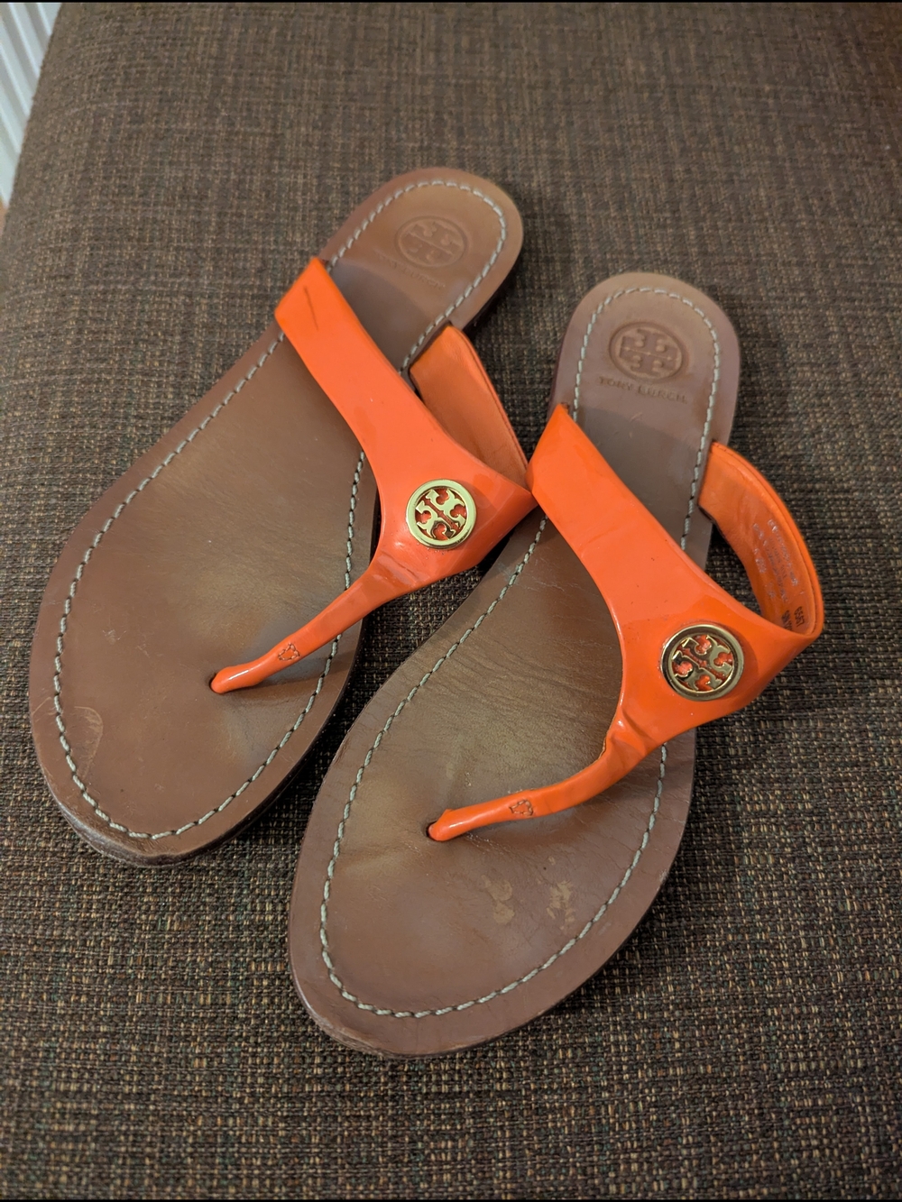 Tory Burch Orange Patent Logo Thong Sandals